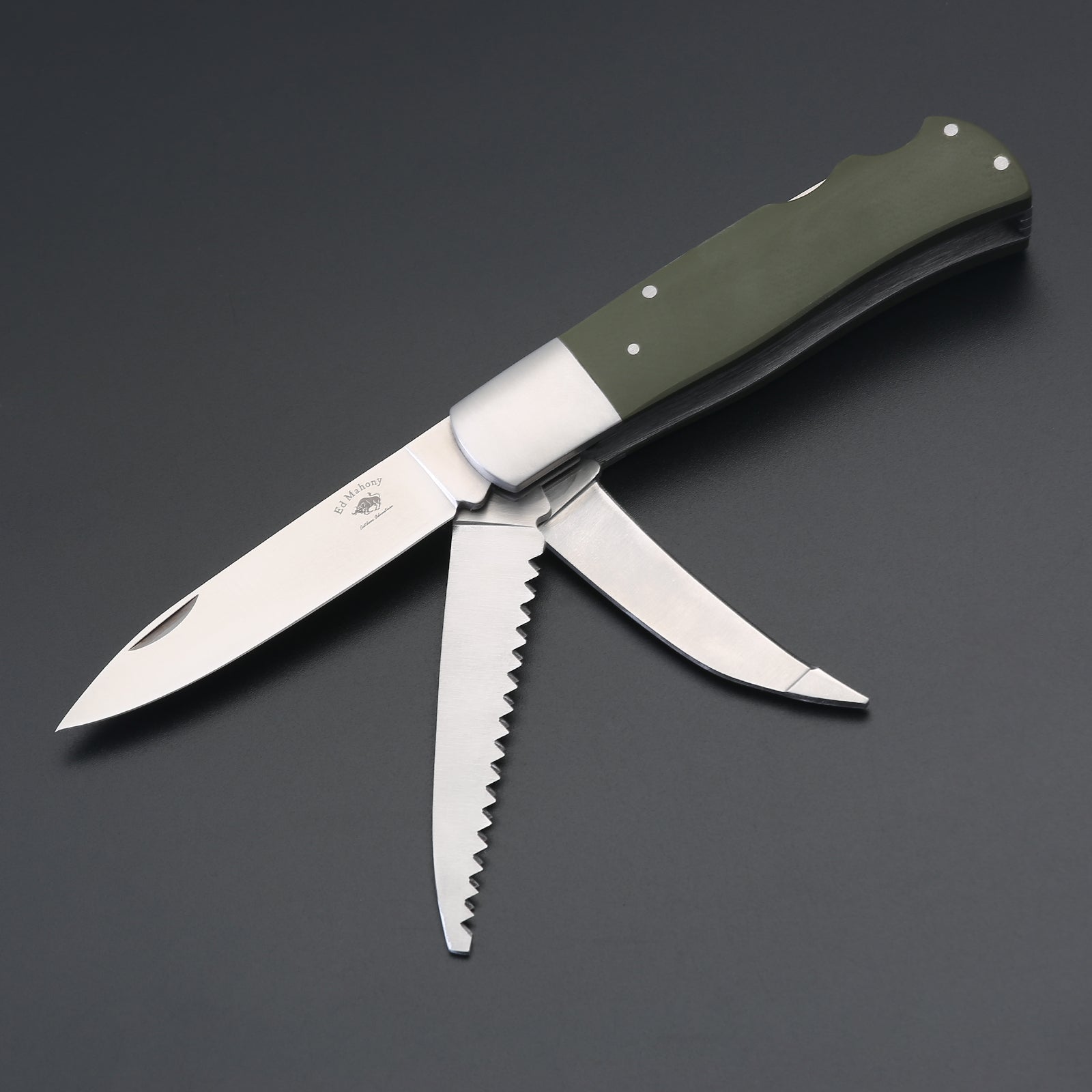 ED MAHONY Multi-tool, Jagdtaschenmesser, 3-Klingen 440C, Griffschalen aus olivegrünem ED MAHONY