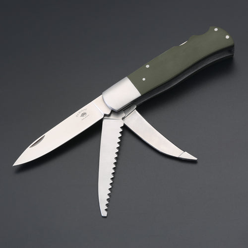 ED MAHONY Multi-tool, Jagdtaschenmesser, 3-Klingen 440C, Griffschalen aus olivegrünem ED MAHONY