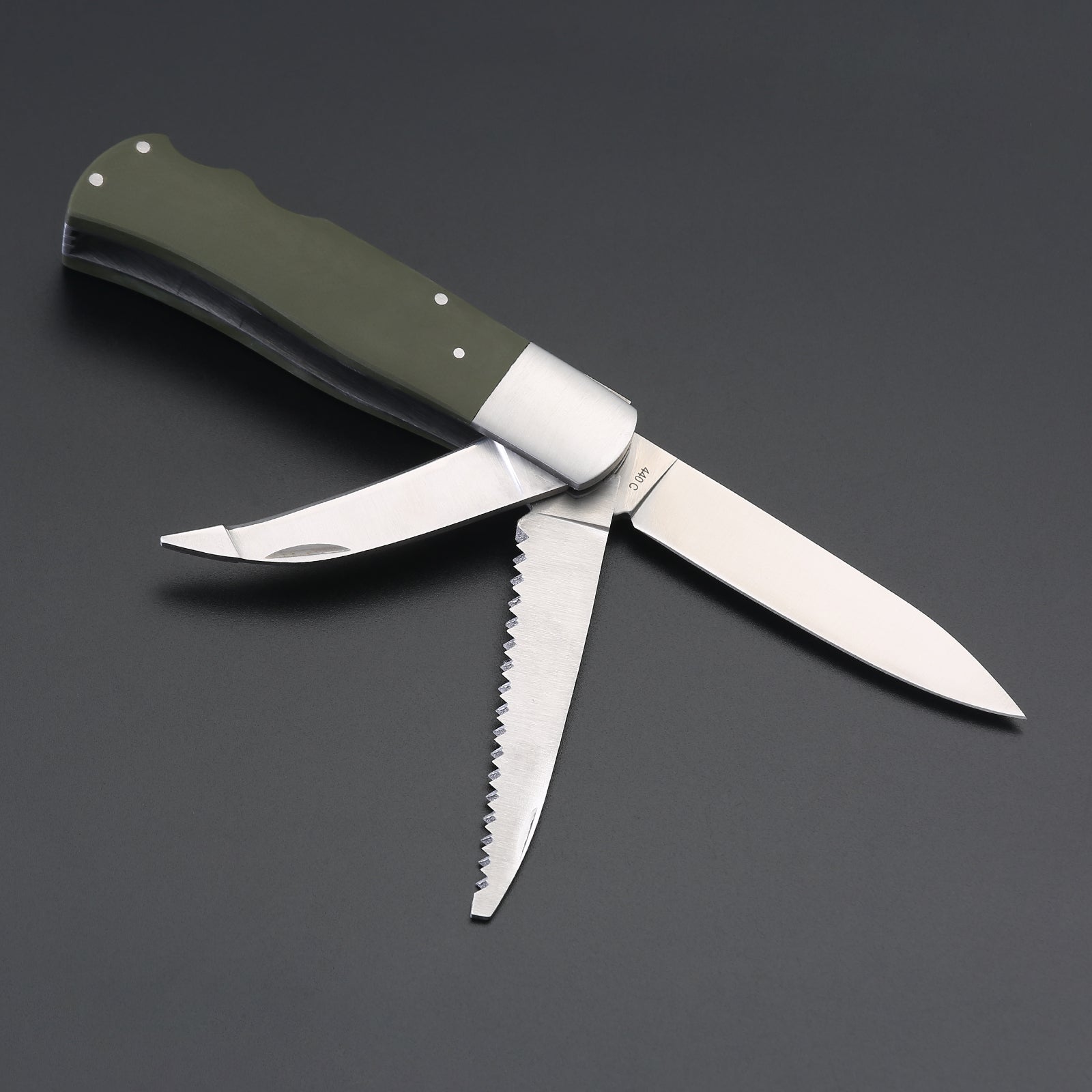 ED MAHONY Multi-tool, Jagdtaschenmesser, 3-Klingen 440C, Griffschalen aus olivegrünem ED MAHONY