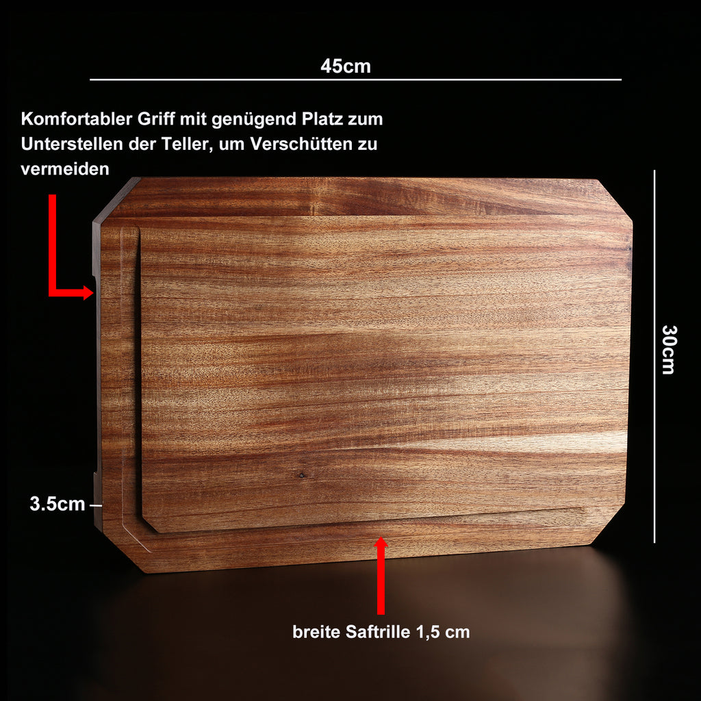 IZUMI ICHIAGO Schneidebrett mit Gemüsemesser und Tomato Schleifstein, Maße: 45x30x3,5cm / 2,9 kgs aus Akazienholz, mit Leinen-Öl behandelt IZUMI ICHIAGO